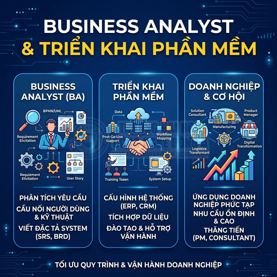 Mô tả vai trò Business Analyst và triển khai phần mềm ERP CRM cùng cơ hội nghề nghiệp trong doanh nghiệp