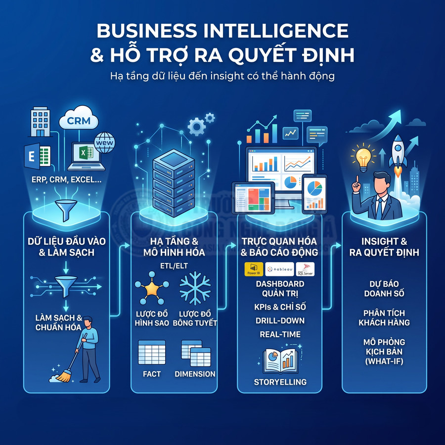 Mô hình quy trình Business Intelligence từ làm sạch dữ liệu đến trực quan hóa báo cáo và hỗ trợ ra quyết định