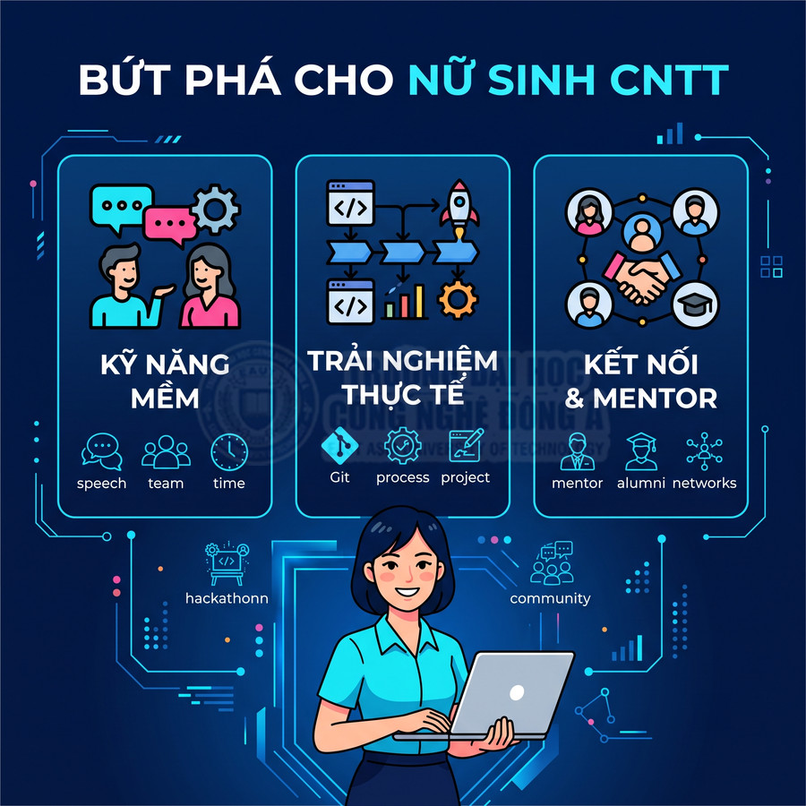 Poster chương trình hỗ trợ nữ sinh CNTT phát triển kỹ năng mềm, trải nghiệm thực tế và kết nối mentor