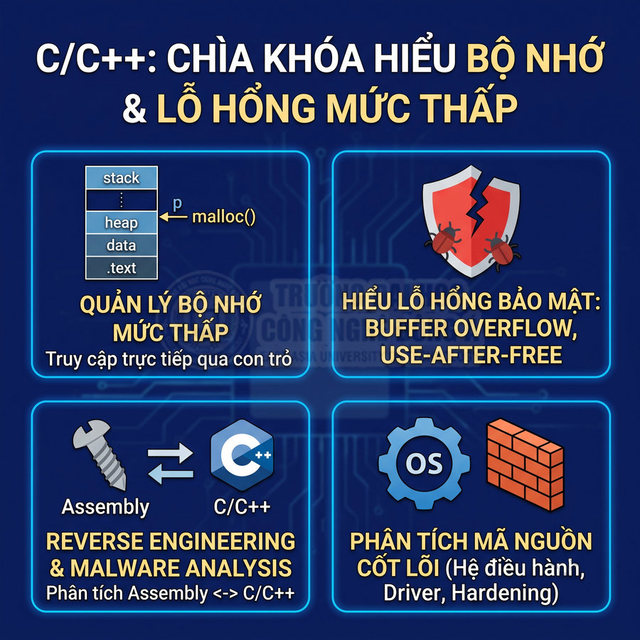 Infographic khóa học C C++ về quản lý bộ nhớ, lỗ hổng bảo mật, reverse engineering và phân tích mã nguồn cốt lõi