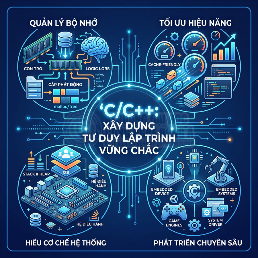 Poster khóa học C C++ xây dựng tư duy lập trình vững chắc về quản lý bộ nhớ tối ưu hiệu năng và hệ thống nhúng