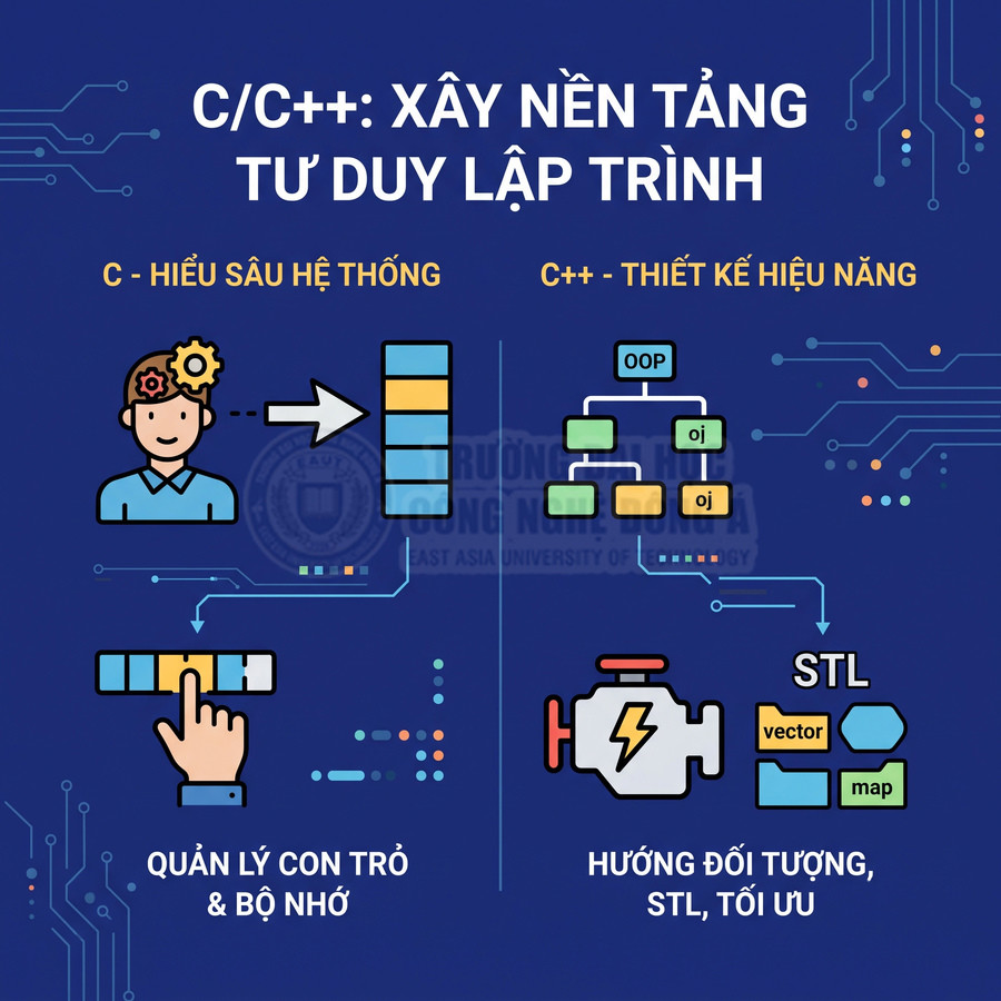 Poster giới thiệu khóa học C C++ xây nền tảng tư duy lập trình, quản lý bộ nhớ, hướng đối tượng và STL
