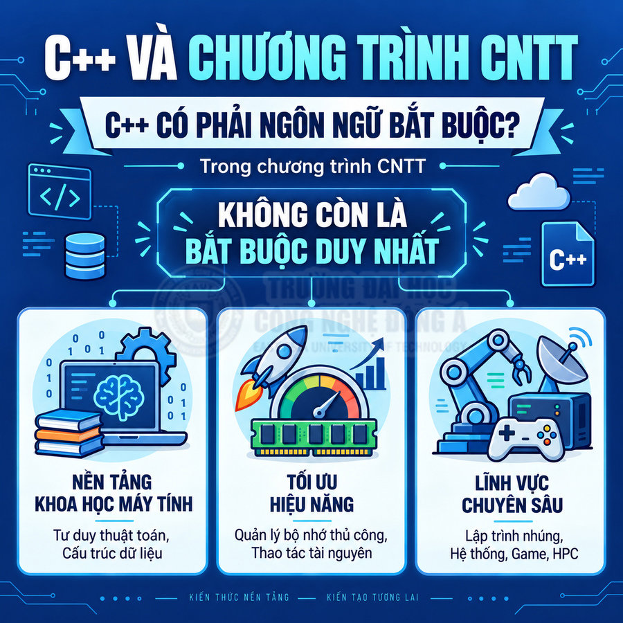 Infographic về vai trò của ngôn ngữ lập trình C++ trong chương trình công nghệ thông tin và các lĩnh vực ứng dụng