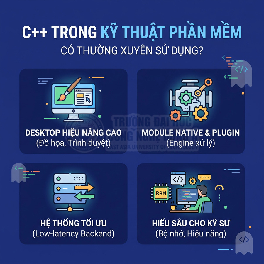 Ứng dụng C++ trong kỹ thuật phần mềm cho desktop hiệu năng cao, module native, hệ thống tối ưu và đào tạo kỹ sư