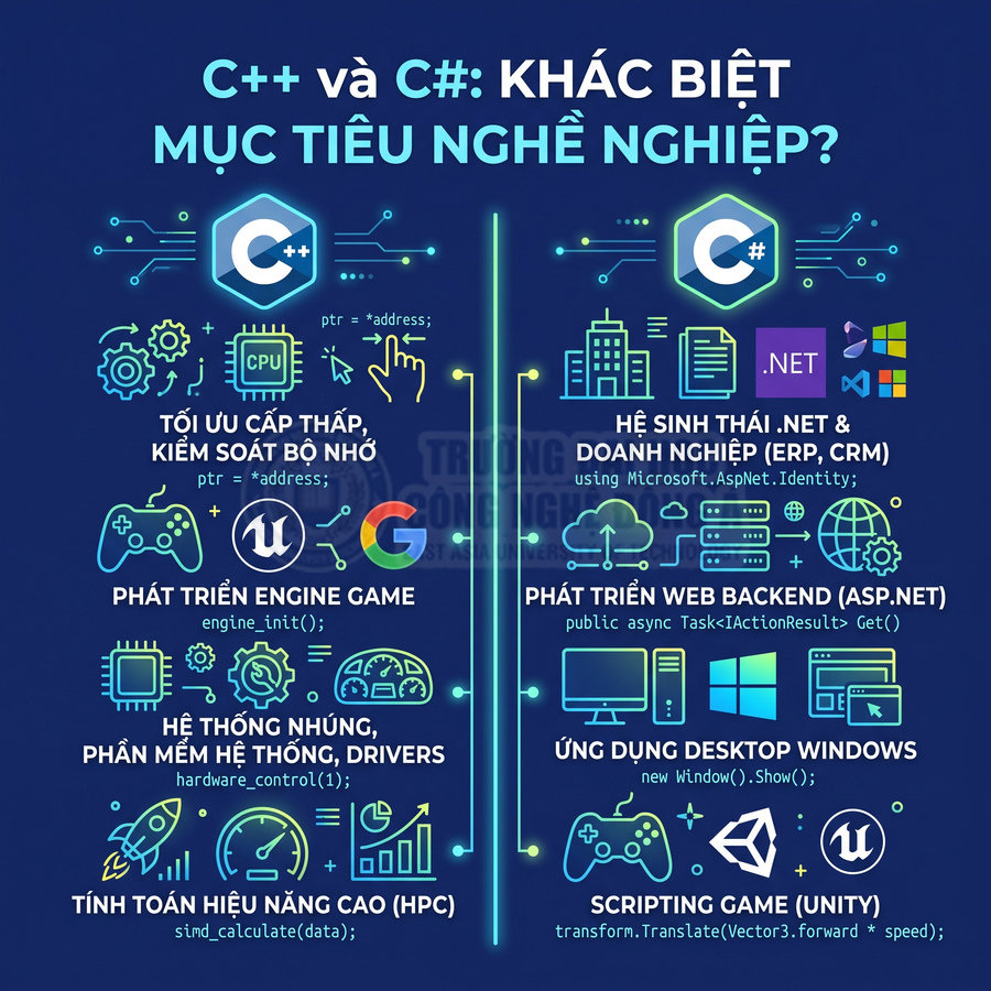 So sánh C++ và C# về mục tiêu nghề nghiệp trong phát triển game, web backend, hệ thống và ứng dụng doanh nghiệp