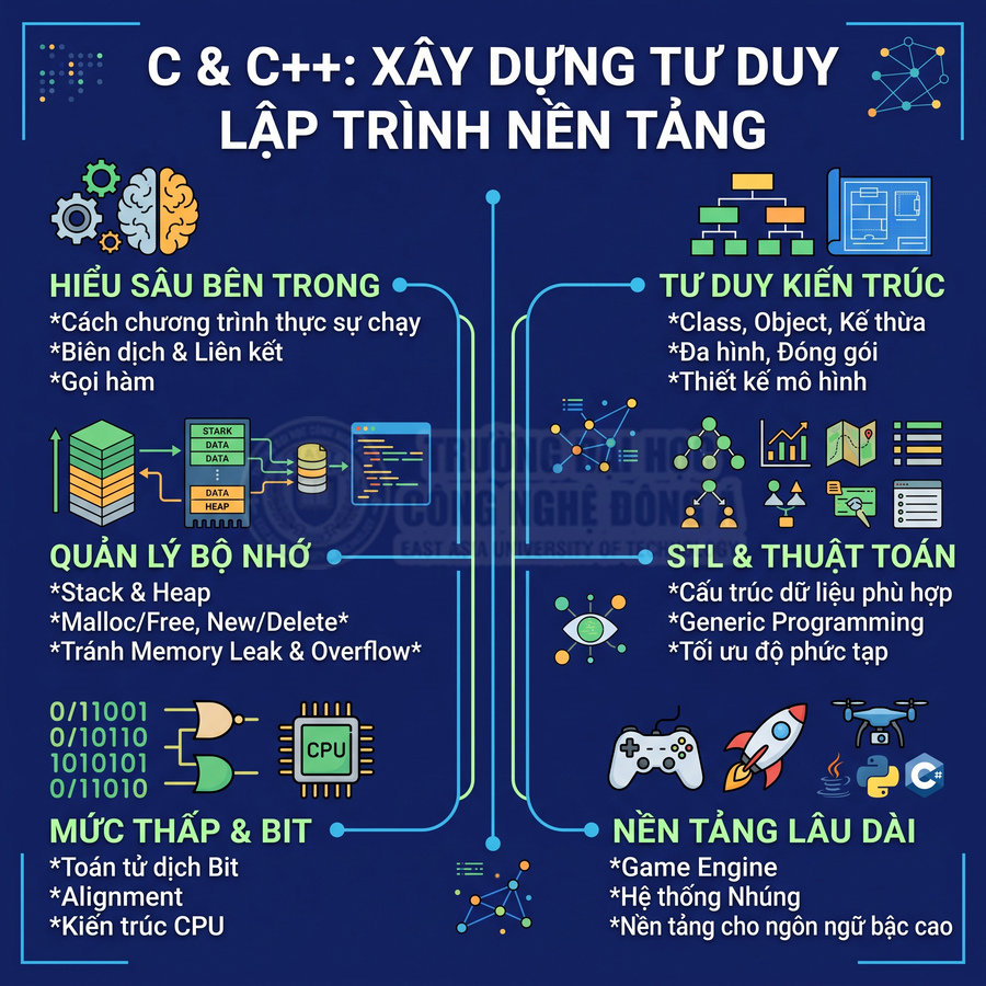 Poster khóa học C và C++ xây dựng tư duy lập trình nền tảng với các chủ đề bộ nhớ, thuật toán, kiến trúc, nền tảng lâu dài