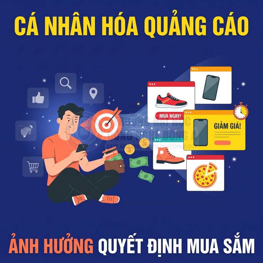 Minh họa cá nhân hóa quảng cáo với người dùng xem điện thoại và các sản phẩm mua sắm trực tuyến ảnh hưởng đến quyết định mua hàng
