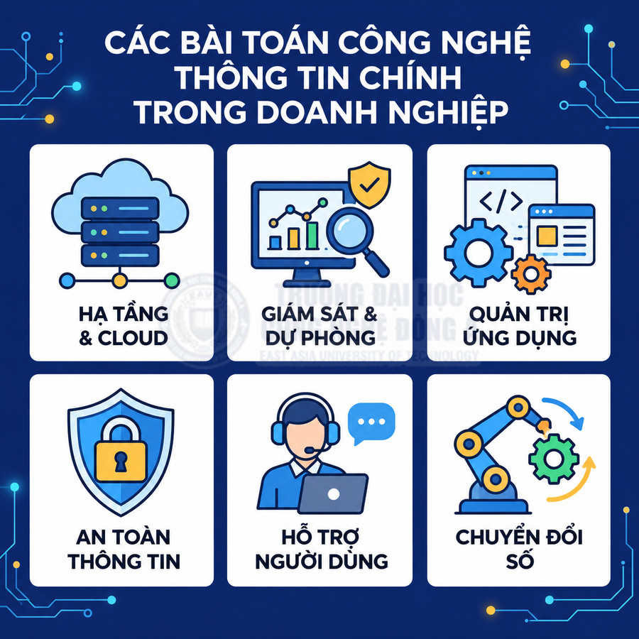 Các giải pháp công nghệ thông tin cho doanh nghiệp gồm hạ tầng cloud, giám sát, bảo mật, hỗ trợ người dùng và chuyển đổi số