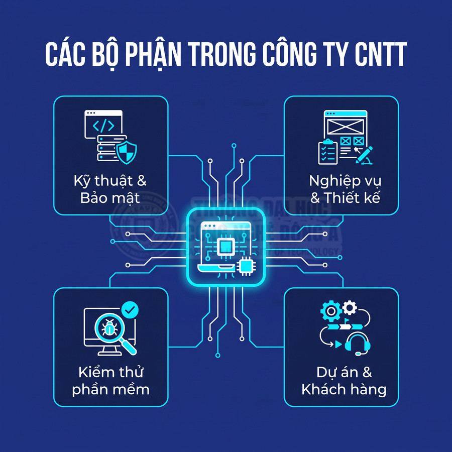 Các bộ phận trong công ty CNTT gồm kỹ thuật và bảo mật, nghiệp vụ và thiết kế, kiểm thử phần mềm, dự án và khách hàng