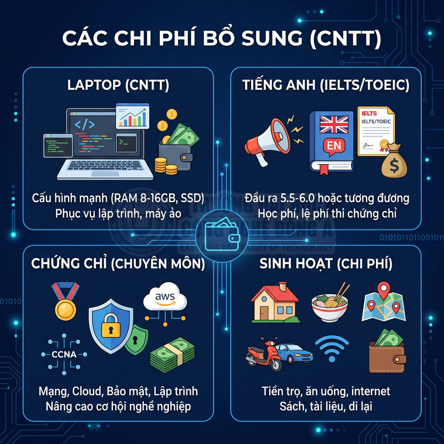 Infographic các chi phí bổ sung ngành CNTT gồm laptop, tiếng Anh, chứng chỉ chuyên môn và sinh hoạt