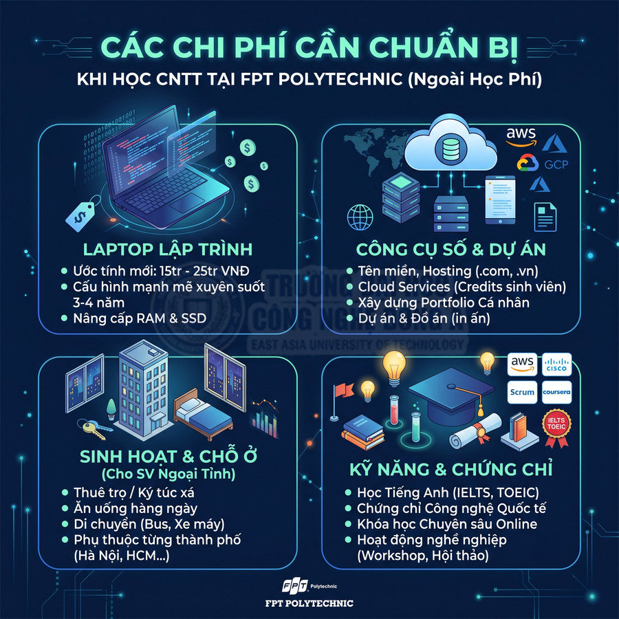 Infographic các chi phí cần chuẩn bị khi học CNTT tại FPT Polytechnic như laptop, chỗ ở, công cụ dự án, kỹ năng và chứng chỉ