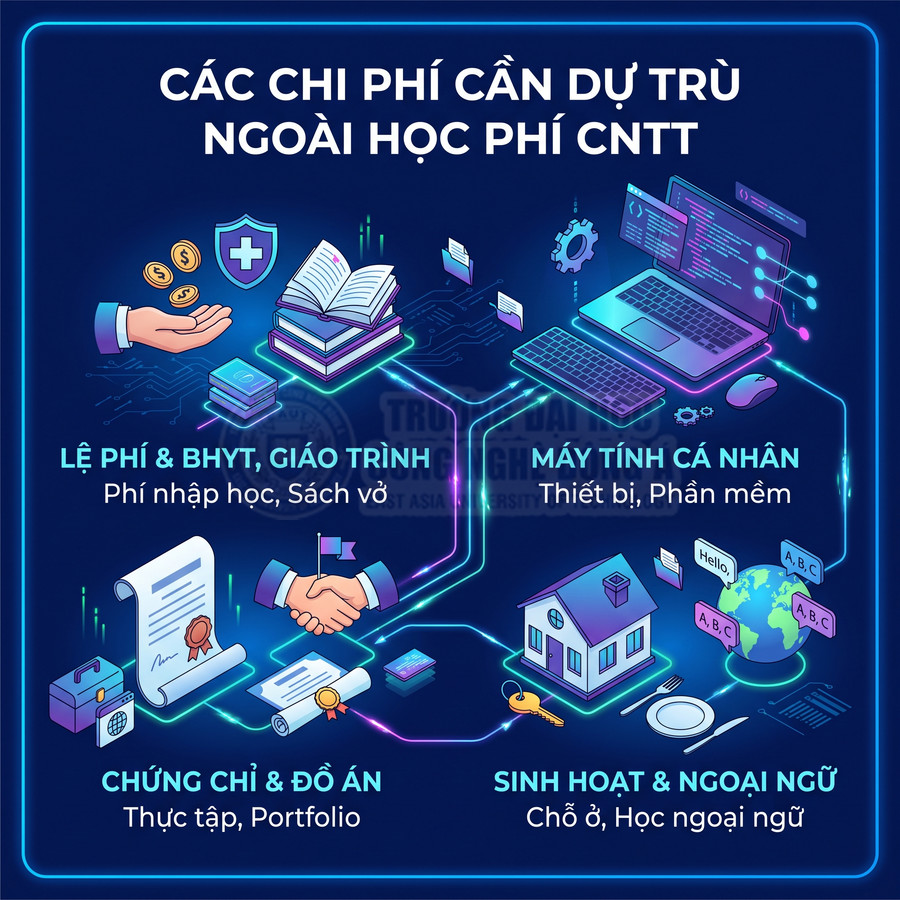 Infographic các khoản chi phí cần dự trù ngoài học phí ngành CNTT như lệ phí, giáo trình, máy tính, sinh hoạt, ngoại ngữ