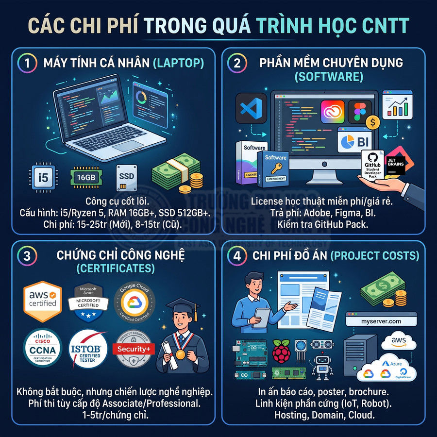 Infographic các chi phí cần thiết khi học công nghệ thông tin như laptop, phần mềm, chứng chỉ và chi phí đồ án