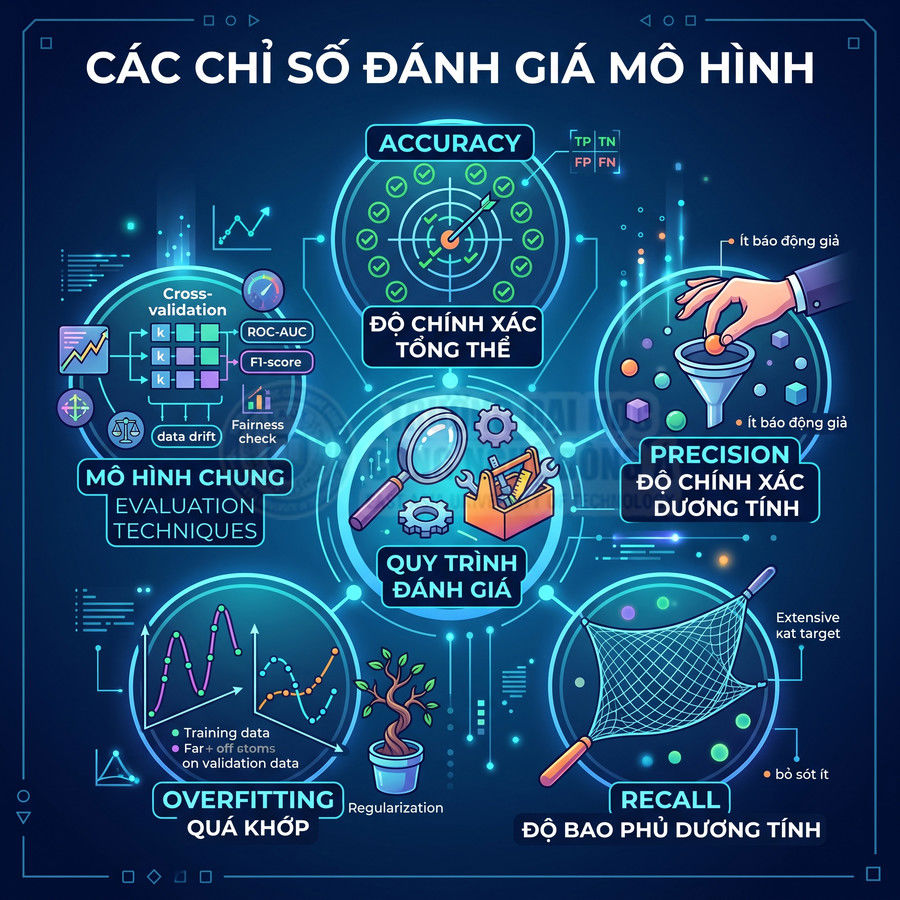 Minh họa các chỉ số đánh giá mô hình machine learning như accuracy, precision, recall, overfitting
