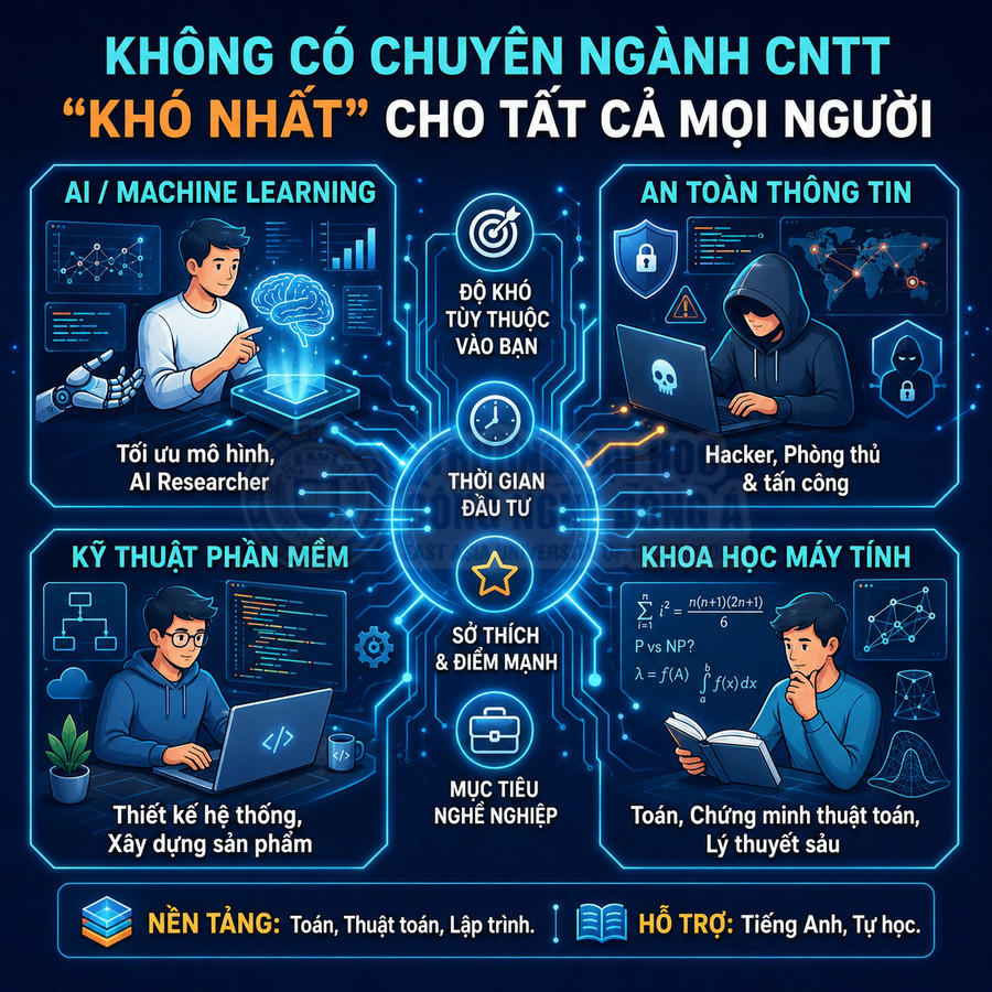 Infographic giới thiệu các chuyên ngành CNTT như AI, an toàn thông tin, kỹ thuật phần mềm, khoa học máy tính
