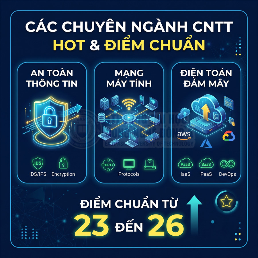 Các chuyên ngành CNTT hot gồm an toàn thông tin, mạng máy tính, điện toán đám mây với điểm chuẩn từ 23 đến 26