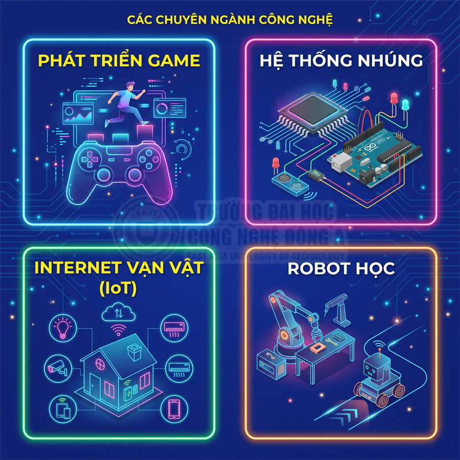 Các chuyên ngành công nghệ gồm phát triển game, hệ thống nhúng, Internet vạn vật IoT và robot học