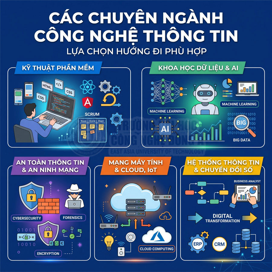 Các chuyên ngành công nghệ thông tin như lập trình, khoa học dữ liệu, an ninh mạng, cloud, chuyển đổi số