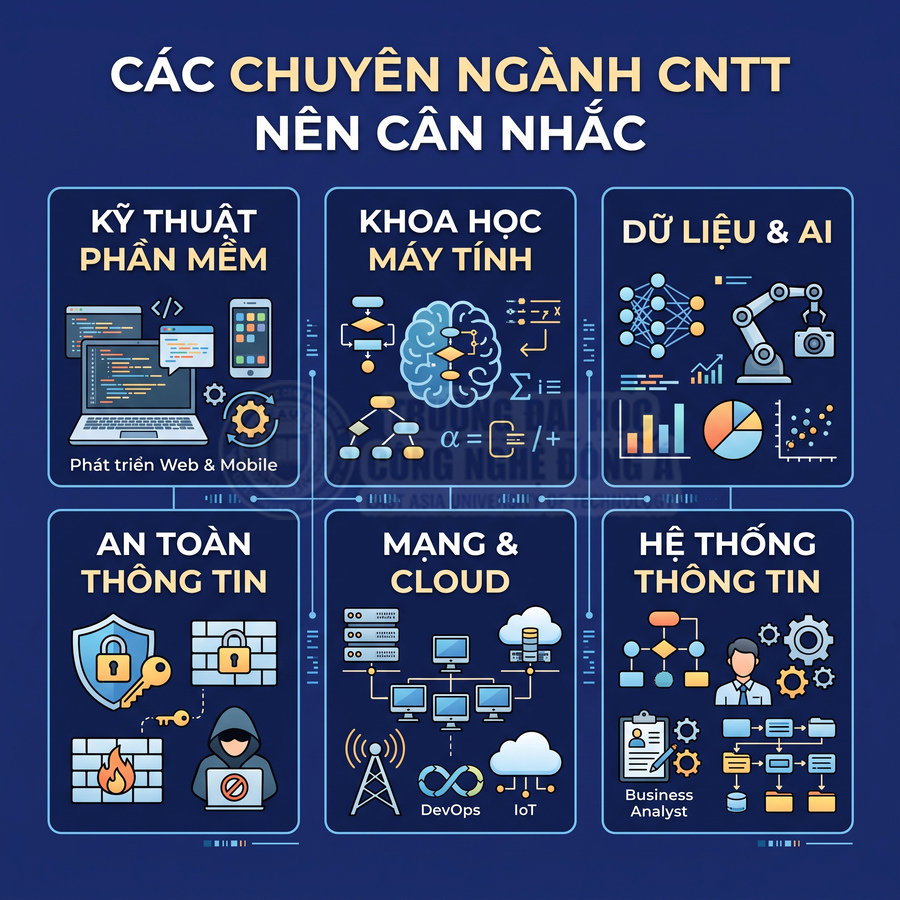Các chuyên ngành CNTT nên cân nhắc gồm kỹ thuật phần mềm, khoa học máy tính, dữ liệu AI, an toàn thông tin, mạng cloud