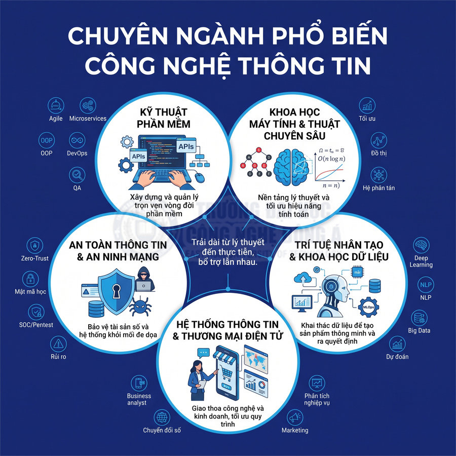 Các chuyên ngành phổ biến trong công nghệ thông tin với mô tả về phần mềm, an ninh mạng, AI và thương mại điện tử