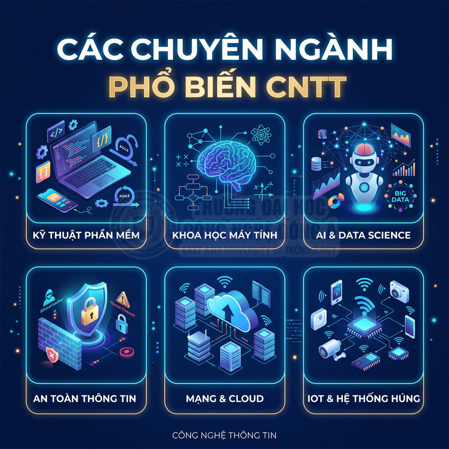 Các chuyên ngành phổ biến ngành công nghệ thông tin như phần mềm, AI, an toàn thông tin, mạng, cloud, IoT