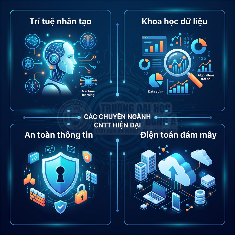 Các chuyên ngành CNTT hiện đại gồm trí tuệ nhân tạo, khoa học dữ liệu, an toàn thông tin và điện toán đám mây