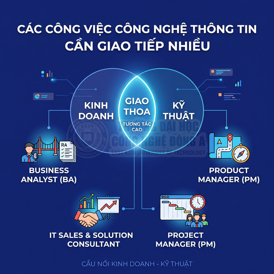 Các vị trí IT cần giao tiếp nhiều như BA, IT Sales, Product Manager, Project Manager trong giao thoa kinh doanh và kỹ thuật