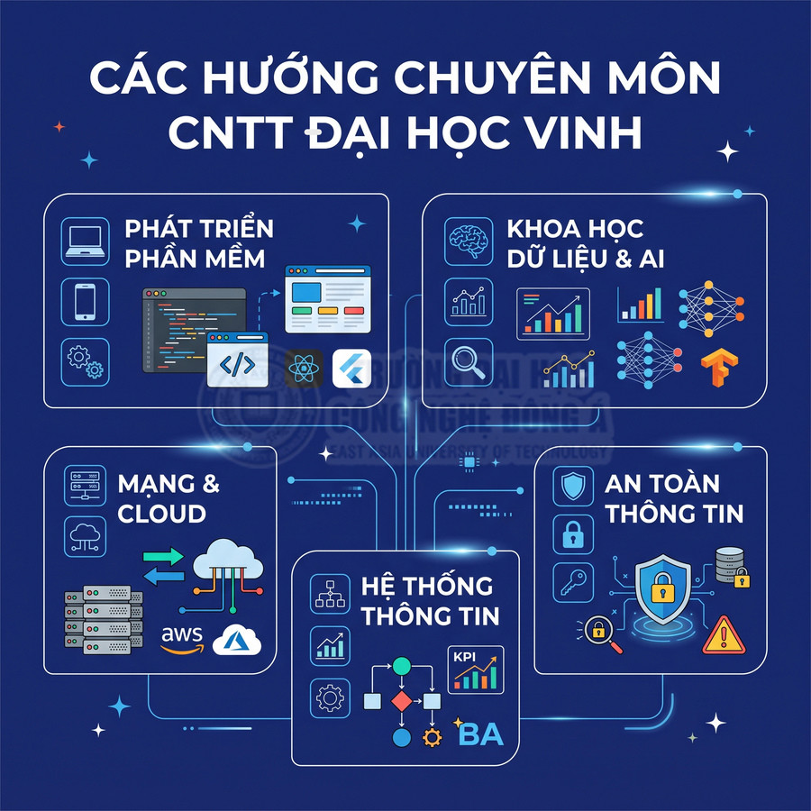 Các hướng chuyên môn ngành CNTT Đại học Vinh: phần mềm, dữ liệu và AI, mạng cloud, hệ thống thông tin, an toàn thông tin