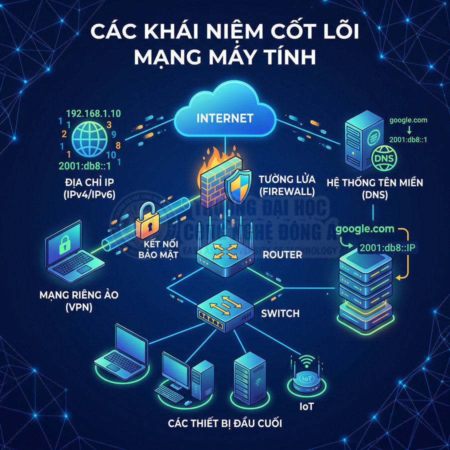 Minh họa các khái niệm cốt lõi mạng máy tính gồm internet, router, firewall, DNS, VPN và thiết bị đầu cuối