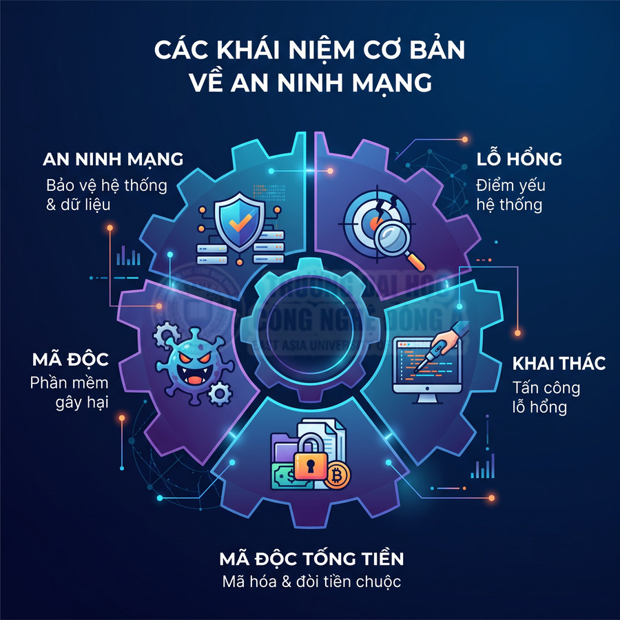 Các khái niệm cơ bản về an ninh mạng gồm an ninh mạng, lỗ hổng, khai thác, mã độc và mã độc tống tiền