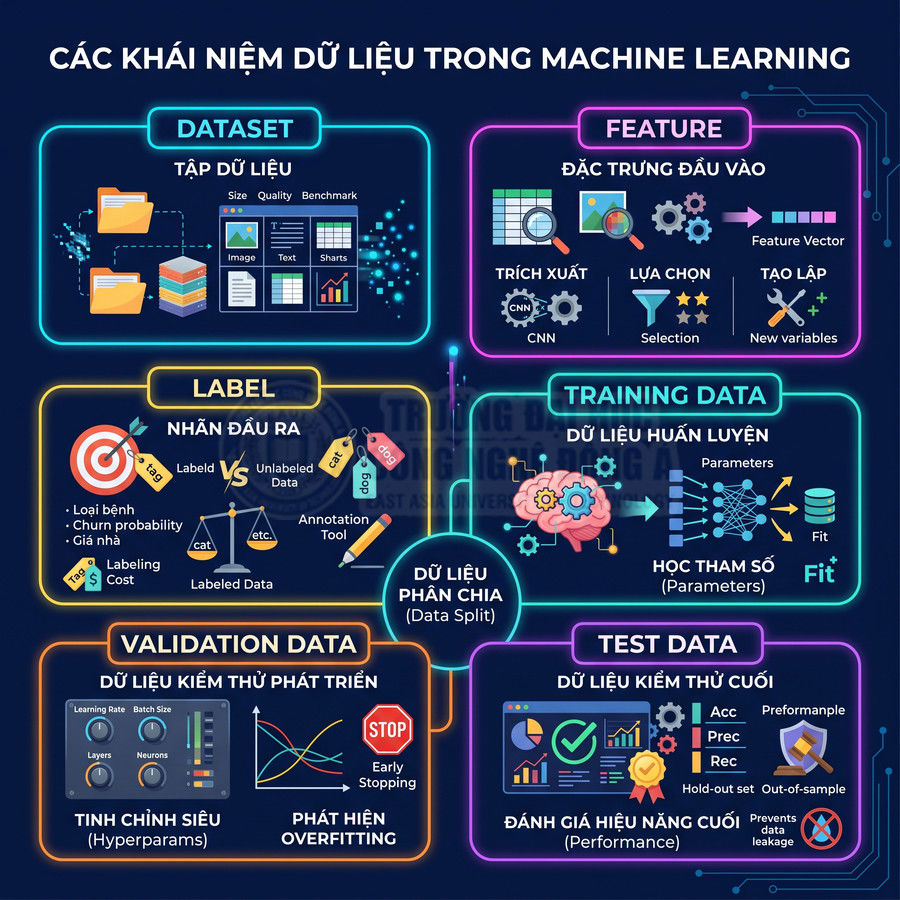 Sơ đồ các khái niệm dữ liệu trong machine learning gồm dataset, feature, label, training, validation và test data