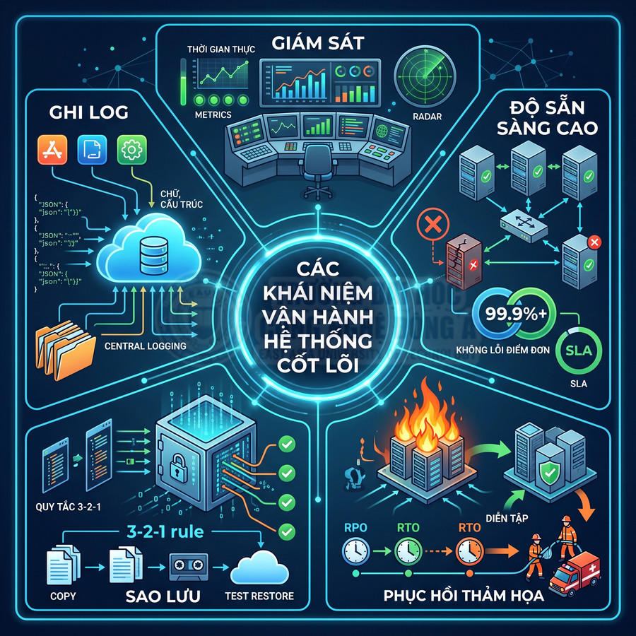 Infographic các khái niệm vận hành hệ thống cốt lõi gồm giám sát, ghi log, sao lưu và phục hồi thảm họa