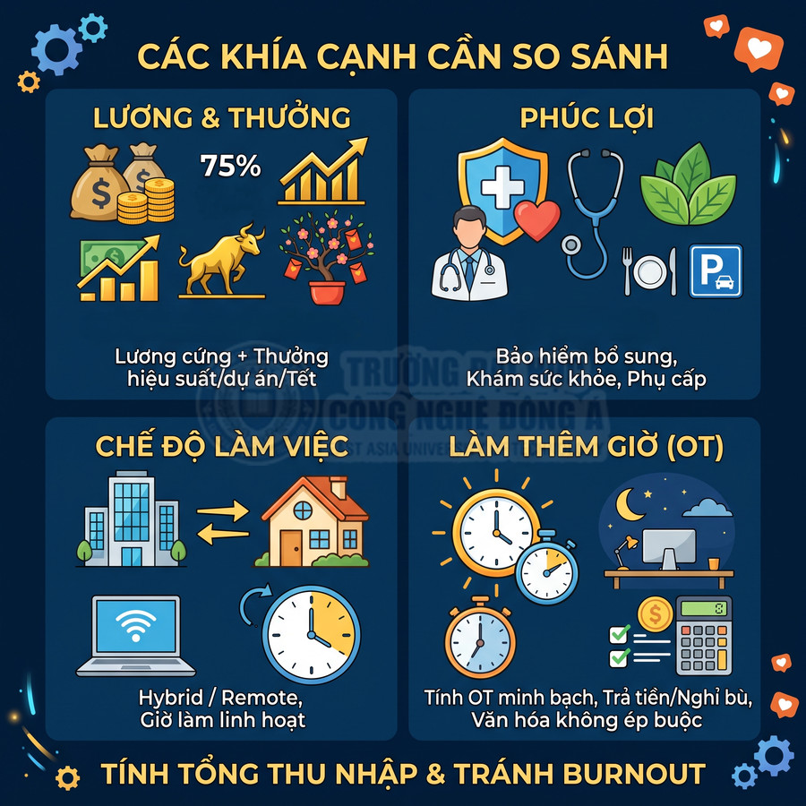 Infographic so sánh lương thưởng, phúc lợi, chế độ làm việc, làm thêm giờ để tính tổng thu nhập và tránh burnout