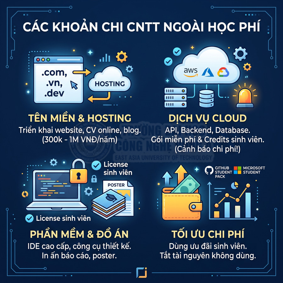 Infographic các khoản chi CNTT ngoài học phí như tên miền hosting, dịch vụ cloud, phần mềm đồ án và tối ưu chi phí