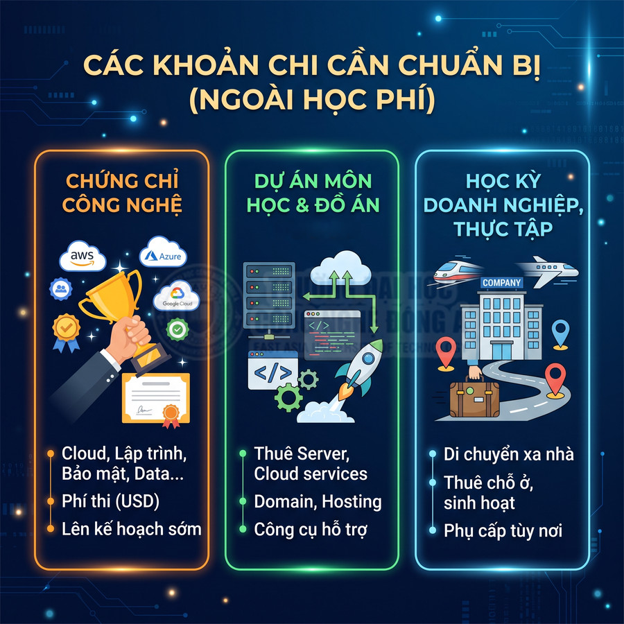 Các khoản chi cần chuẩn bị ngoài học phí cho chứng chỉ công nghệ, dự án môn học và kỳ thực tập doanh nghiệp