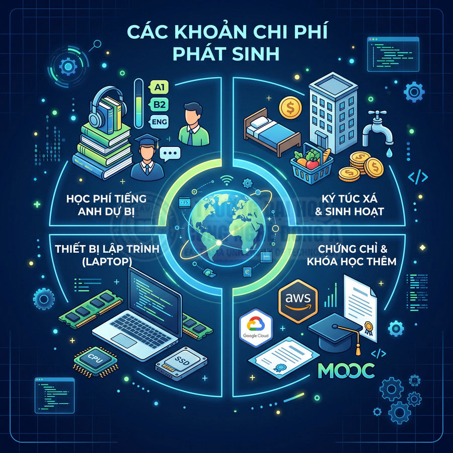 Các khoản chi phí phát sinh khi học lập trình gồm laptop, ký túc xá, học tiếng Anh, chứng chỉ và khóa học thêm