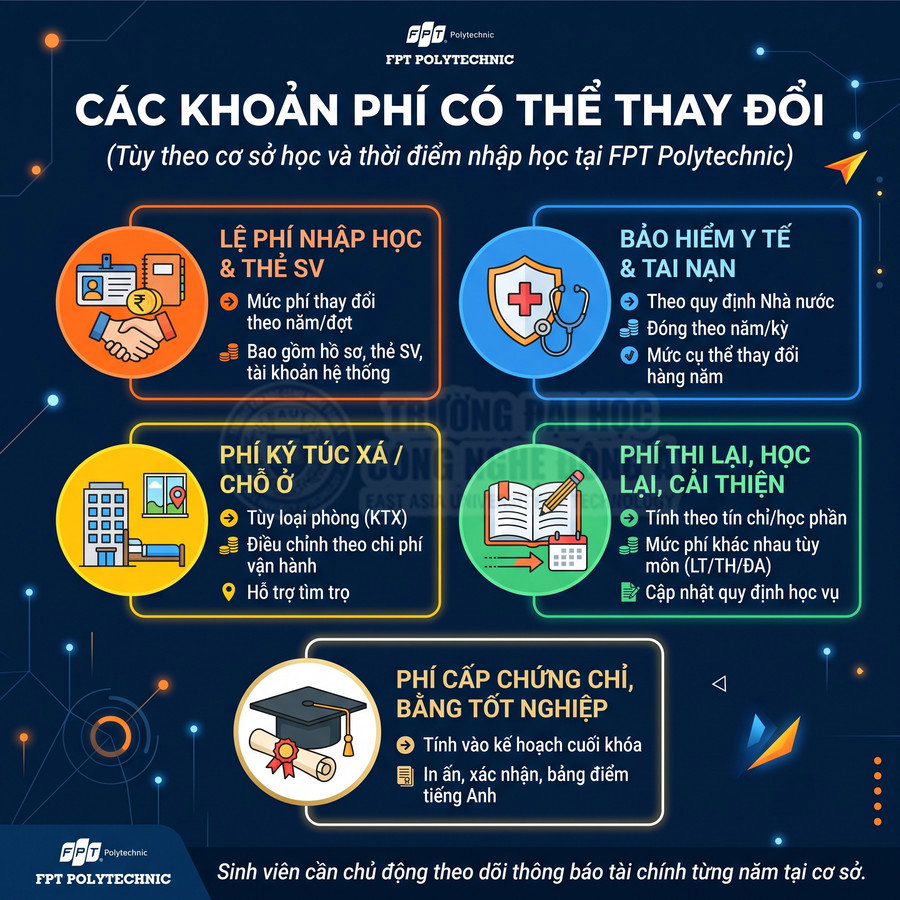 Infographic các khoản phí có thể thay đổi khi học tại FPT Polytechnic như nhập học, ký túc xá, bảo hiểm, thi lại, cấp bằng