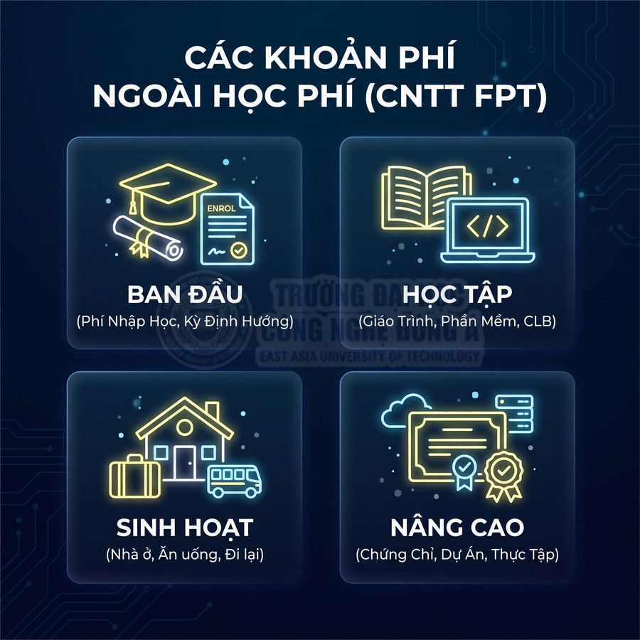 Các khoản phí ngoài học phí ngành CNTT FPT gồm ban đầu, học tập, sinh hoạt, nâng cao