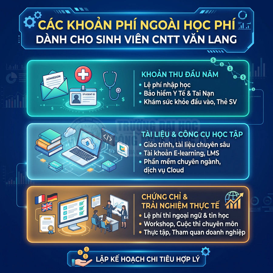 Các khoản phí ngoài học phí cho sinh viên CNTT Văn Lang gồm phí đầu năm, tài liệu học tập, chứng chỉ và trải nghiệm thực tế