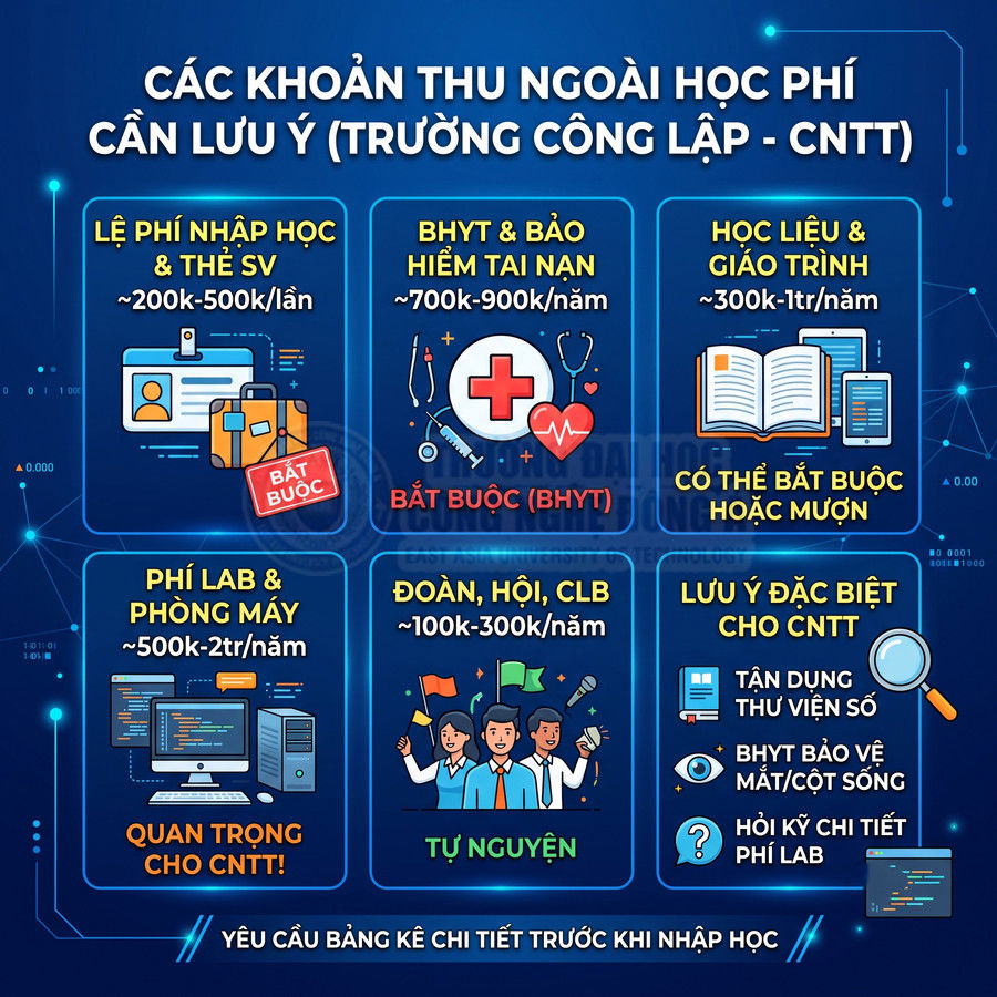 Các khoản thu ngoài học phí cho sinh viên CNTT trường công lập như lệ phí, bảo hiểm, học liệu, phí lab, đoàn hội