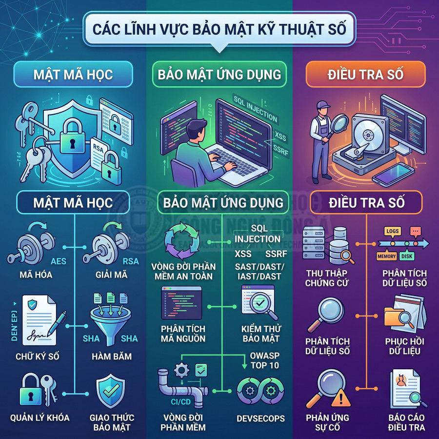 Các lĩnh vực bảo mật kỹ thuật số gồm mật mã học, bảo mật ứng dụng và điều tra số minh họa trực quan