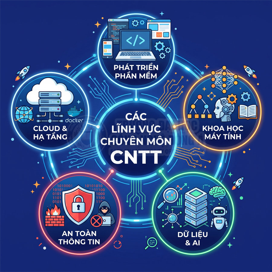 Các lĩnh vực chuyên môn CNTT gồm phát triển phần mềm, cloud hạ tầng, an toàn thông tin, khoa học máy tính, dữ liệu và AI