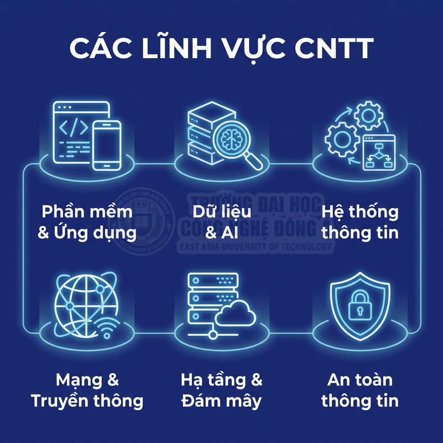 Các lĩnh vực CNTT gồm phần mềm, dữ liệu và AI, hệ thống thông tin, mạng, điện toán đám mây và an toàn thông tin