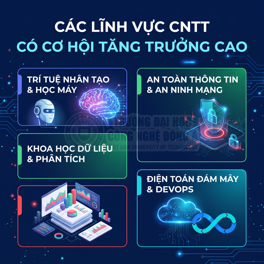 Các lĩnh vực CNTT có cơ hội tăng trưởng cao như AI, an ninh mạng, khoa học dữ liệu, điện toán đám mây và DevOps