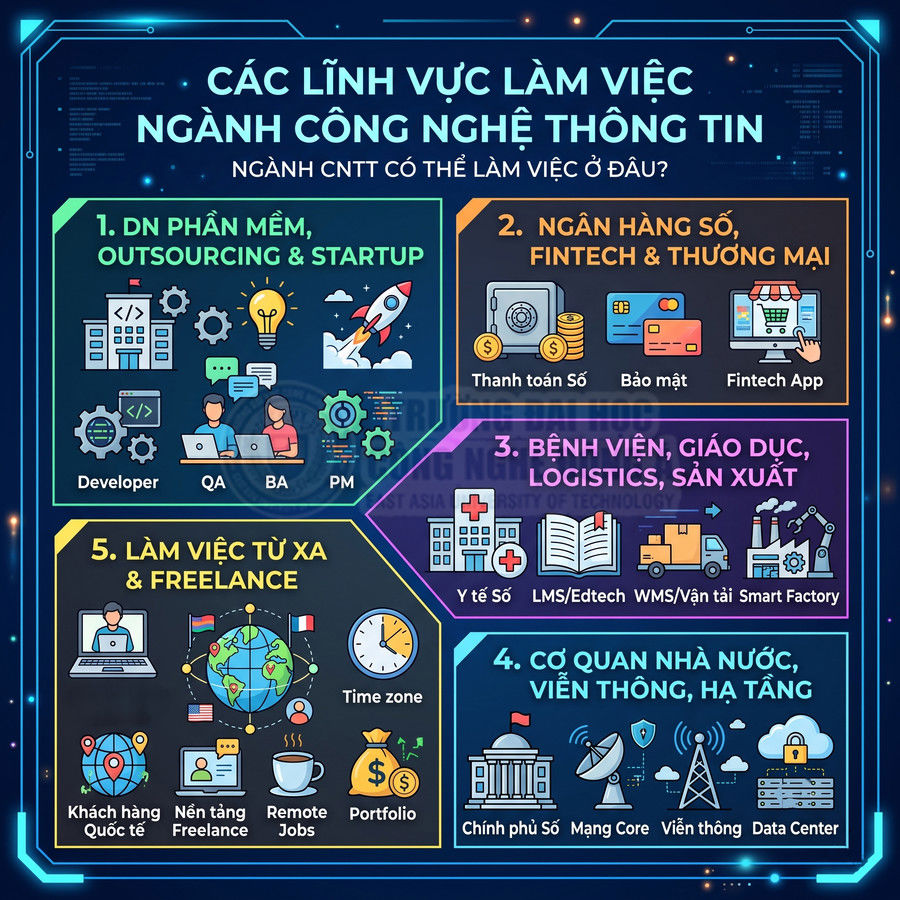 Các lĩnh vực làm việc ngành công nghệ thông tin như phần mềm, fintech, y tế, giáo dục, viễn thông, freelance