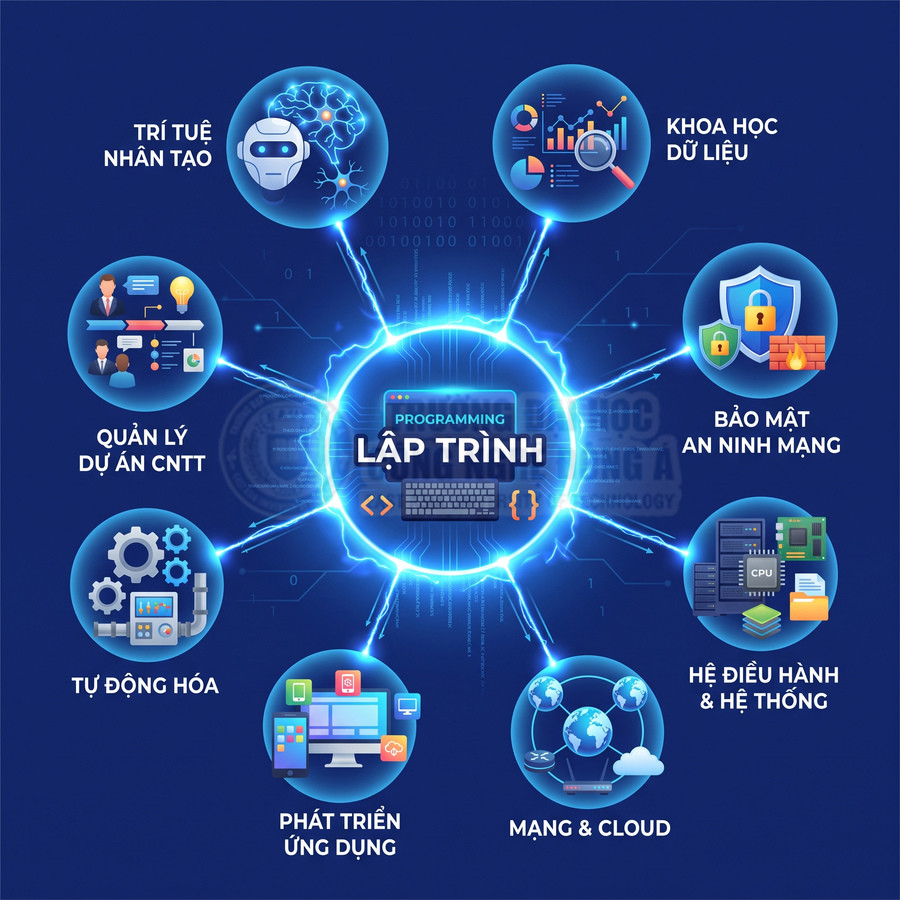 Sơ đồ các lĩnh vực công nghệ thông tin xoay quanh lập trình như AI, dữ liệu, bảo mật, mạng và phát triển ứng dụng