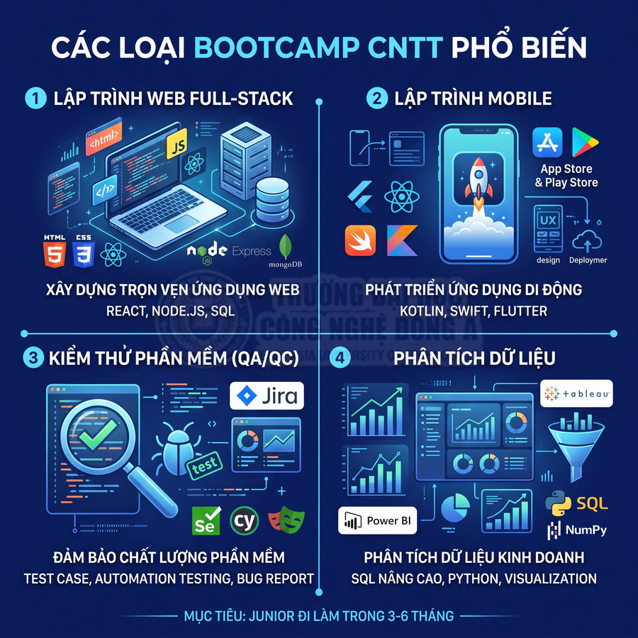 Infographic các loại bootcamp CNTT phổ biến về lập trình web, mobile, kiểm thử phần mềm và phân tích dữ liệu