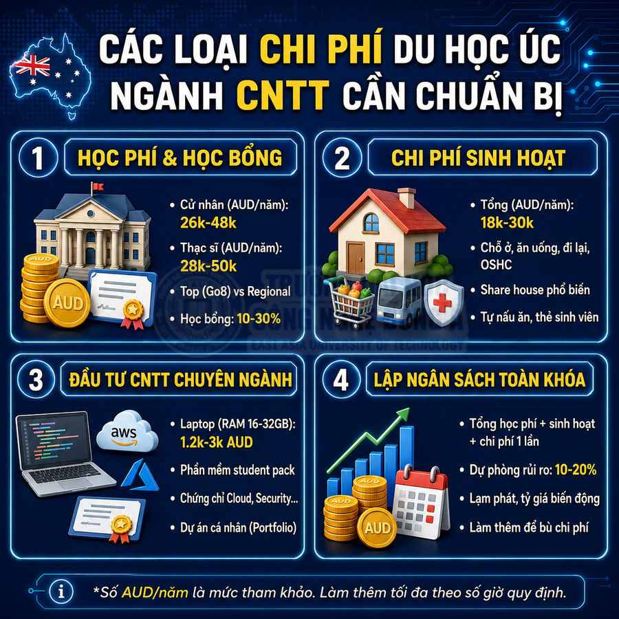 Infographic các loại chi phí du học Úc ngành CNTT gồm học phí, sinh hoạt, đầu tư chuyên ngành và lập ngân sách