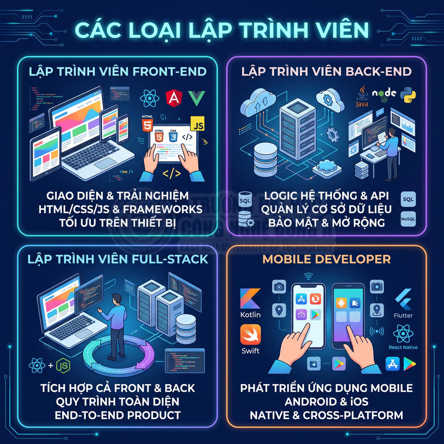 Các loại lập trình viên front end back end full stack và mobile developer minh họa bằng icon công nghệ