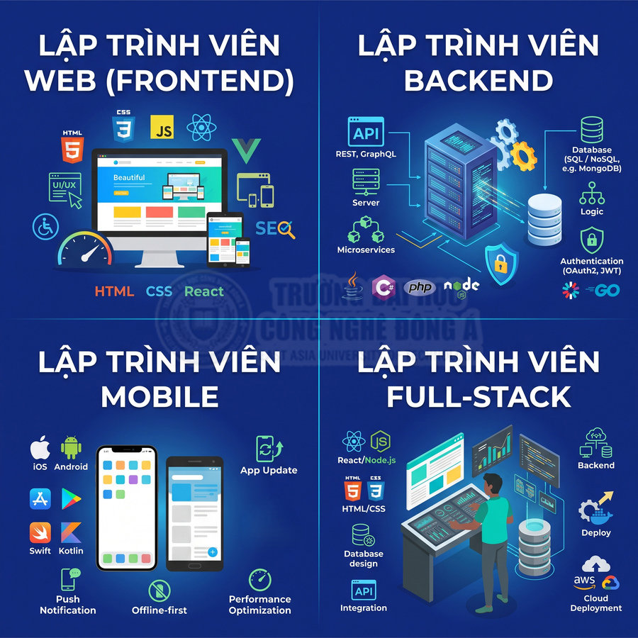 Minh họa các vị trí lập trình viên web frontend backend mobile full stack và các công nghệ phổ biến liên quan